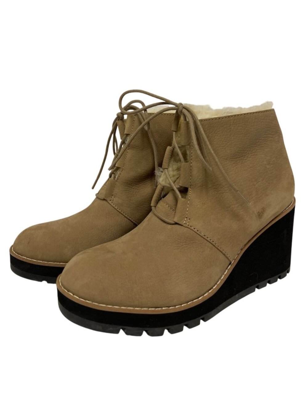 Eileen Fisher Alphine Shearling Wedge Booties Women's 9.5 Tan Suede Lace Up NEW - Picture 2 of 12